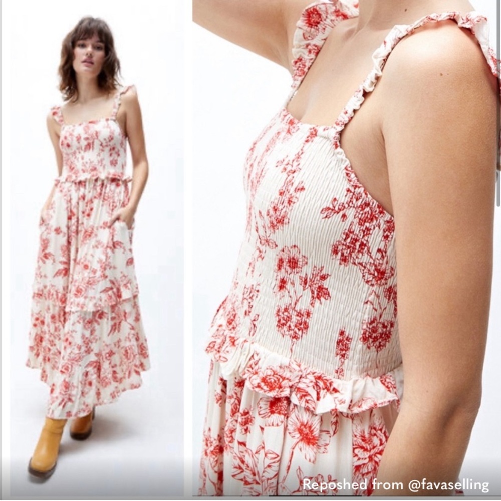Lost + Wander Cream Maxi Dress with Red FloralPrint and Ruffled Straps